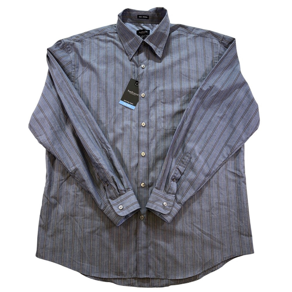 Van Heusen Mens Blue Striped No Iron Button Down Dress Shirt Large 16-16.5 L NEW